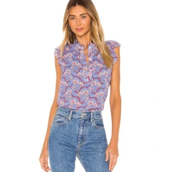 A.L.C. Foley High-Neck Floral Sleeveless Top Blue Ruffle Size 6 - Picture 1 of 7